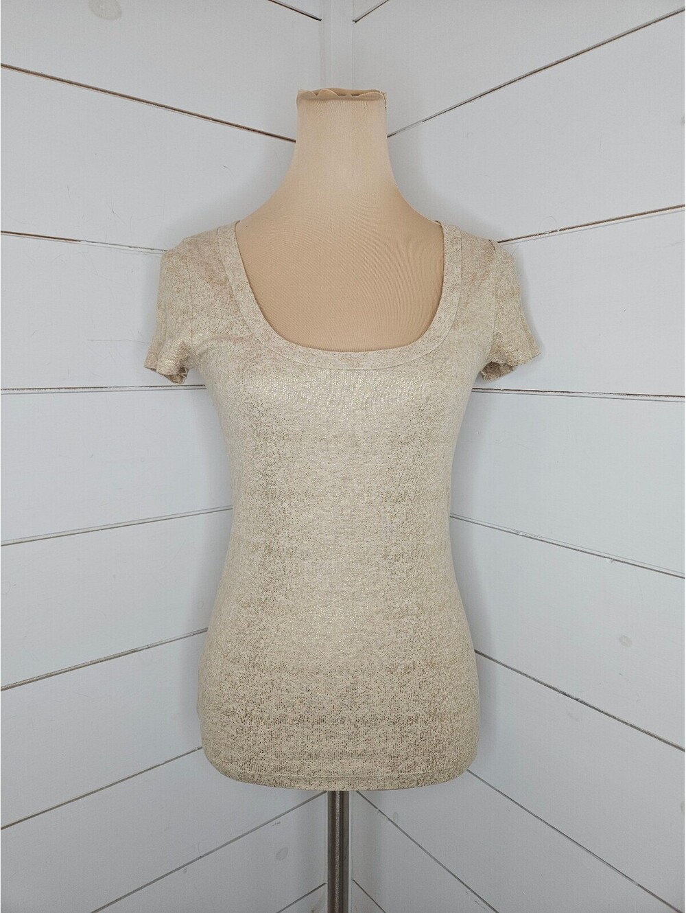 J. Crew small tan & gold cotton short sleeve scoop neck tee shirt
